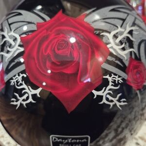 Women's Black Skull Cap with Red Rose Design